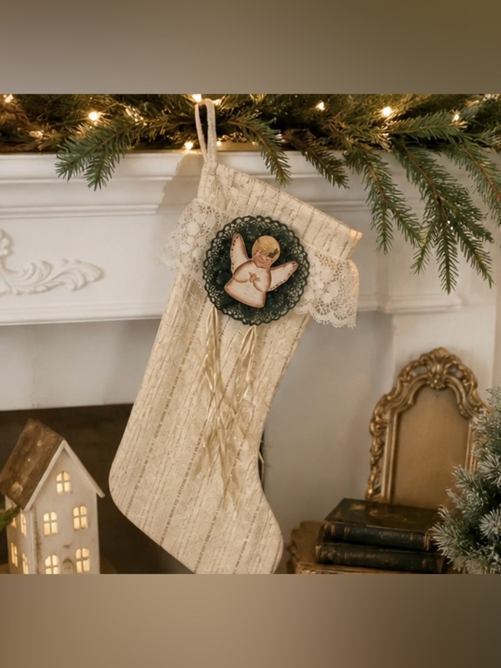 Vintage Lace Christmas Stocking Angel Cottagecore Handmade Beige
